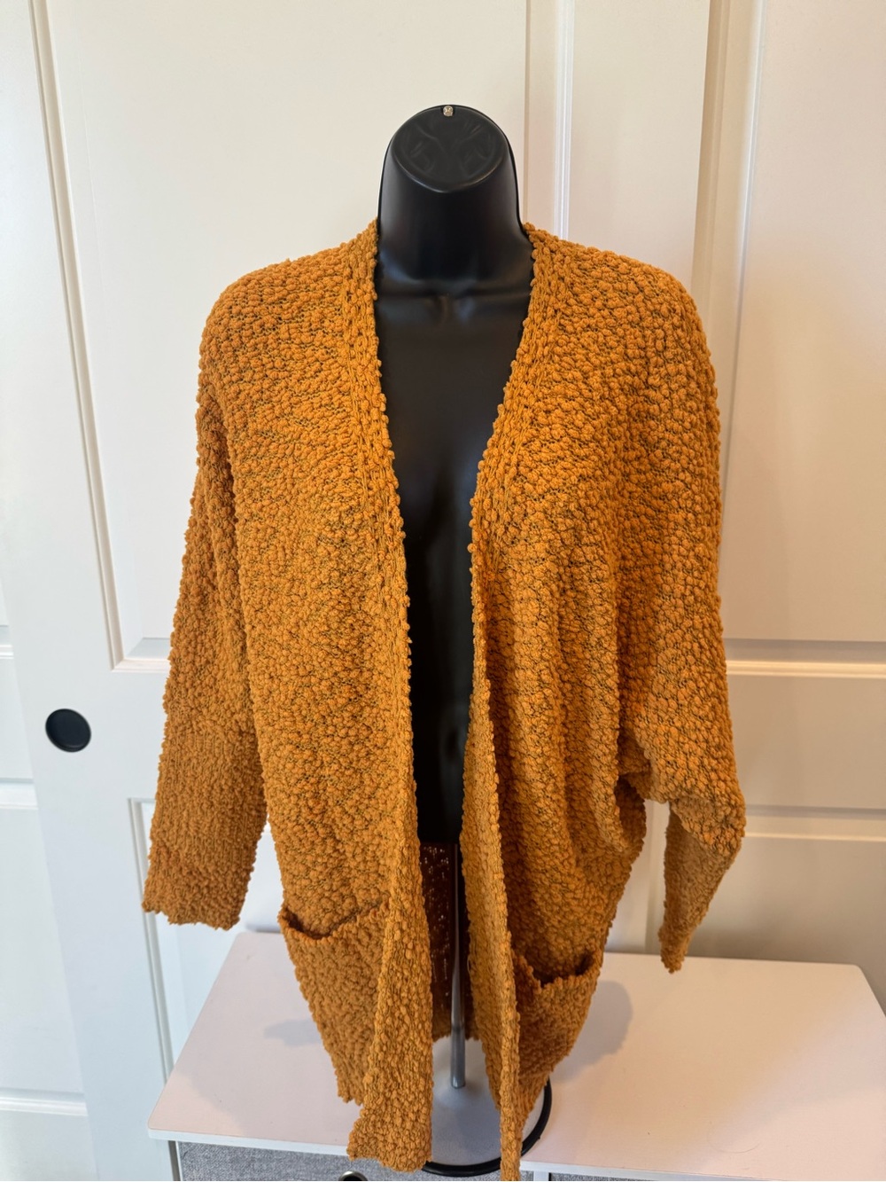 Cozy Open-Front Popcorn Cardigan Sweater - Mustard